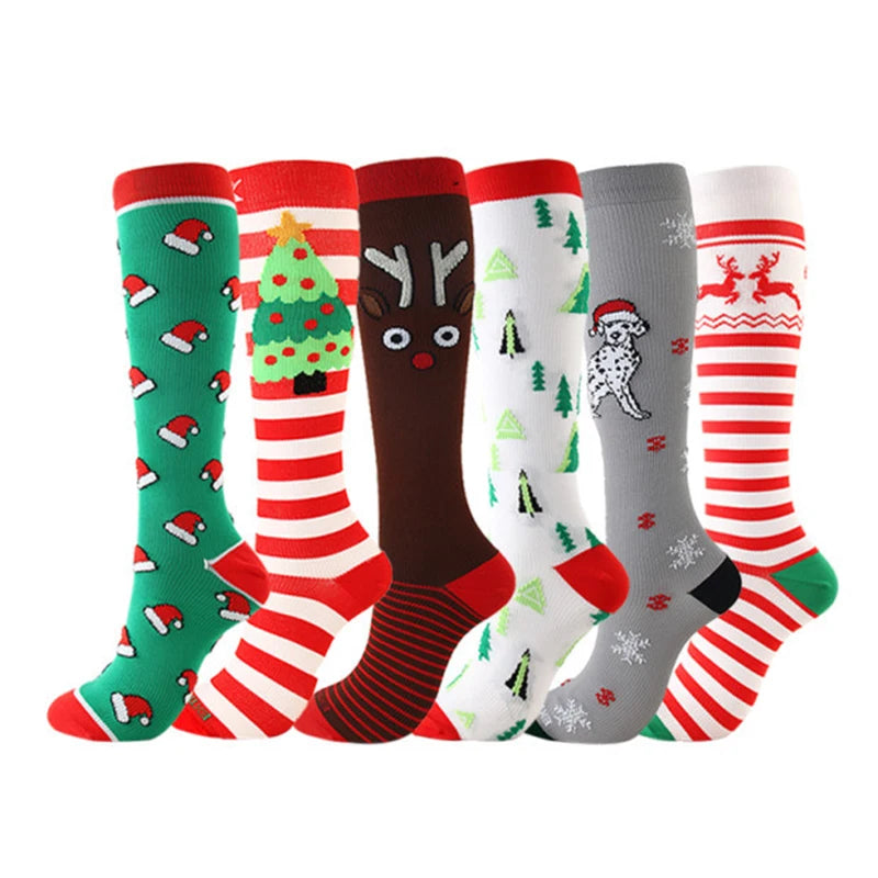 HYSAIXIA Weihnachten Kompression Hohe Strümpfe Frauen Männer Druck Socken Komprimieren Sport Muster Lauf Knee High Nylon Laufen Socken