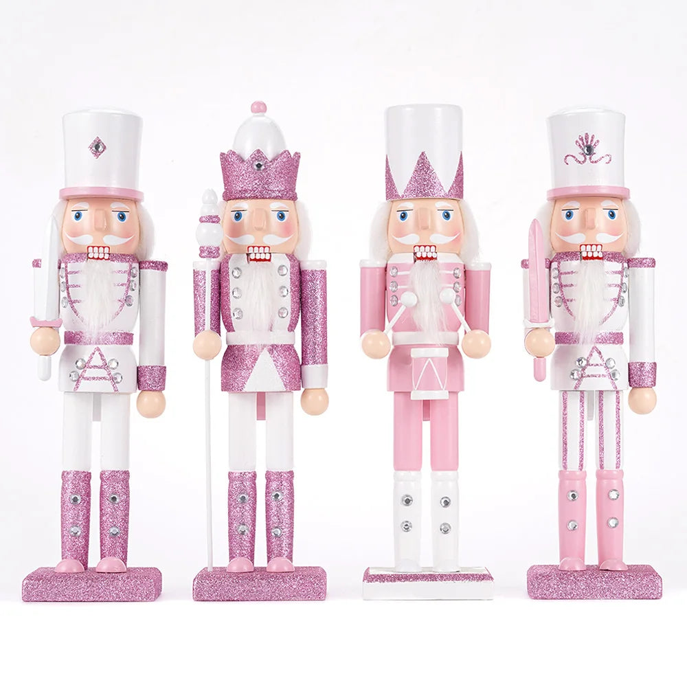 30CM Holz Nussknacker Soldat Figur Puppe Rosa Glitter Soldat Puppe Spielzeug Handwerk Ornament Weihnachten Home Office Dekoration