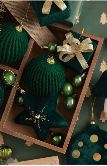 Neue 7/9 stücke hochwertige beflockte Weihnachts kugel dunkelgrün Weihnachts baum Dekor Anhänger navidad 2023 weihnachts deko ins Stil