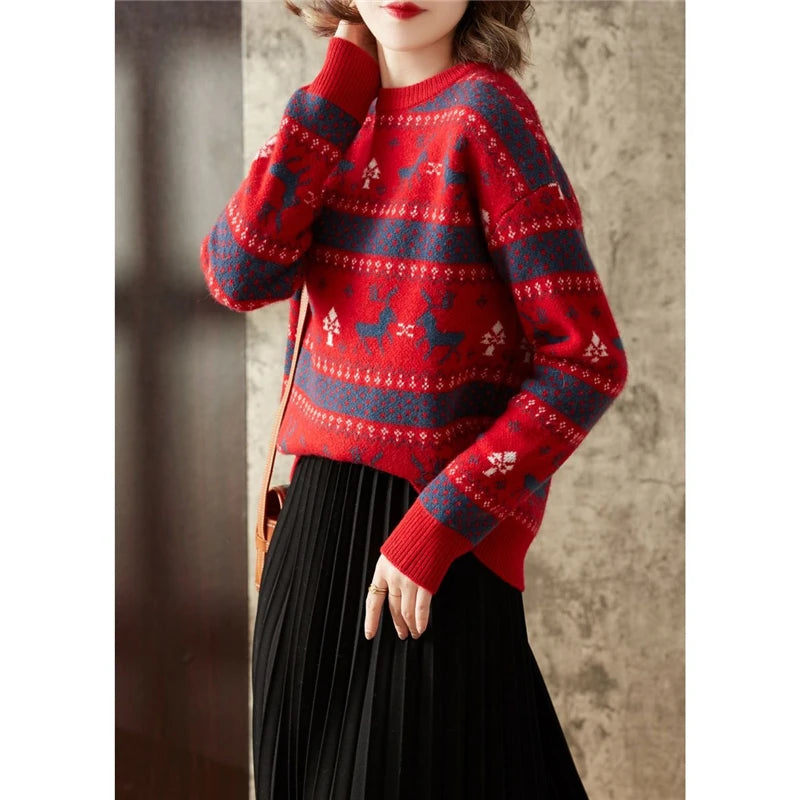 Retro Christmas Pullover (Women Casual Long Sleeve Slim)