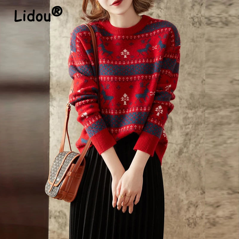 Retro Christmas Pullover (Women Casual Long Sleeve Slim)