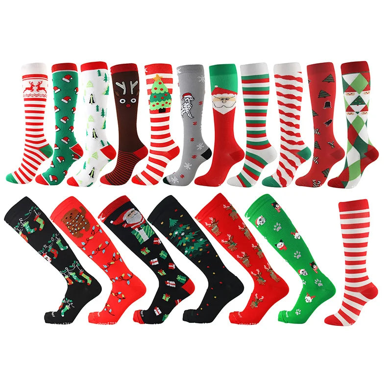 HYSAIXIA Weihnachten Kompression Hohe Strümpfe Frauen Männer Druck Socken Komprimieren Sport Muster Lauf Knee High Nylon Laufen Socken