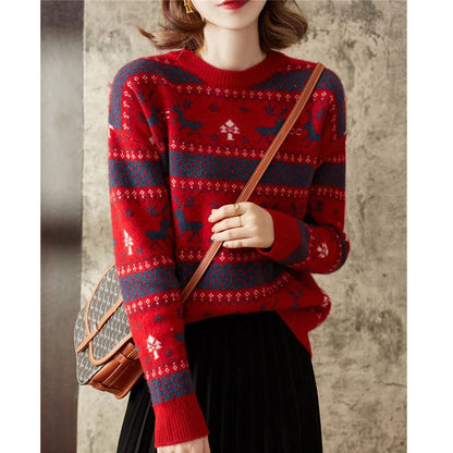 Retro Christmas Pullover (Women Casual Long Sleeve Slim)