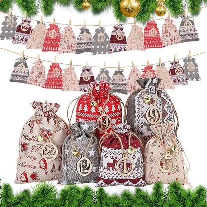 24 Stück Weihnachts-Adventskalender-Taschen zum Aufhängen, Sackleinen-Taschen mit Kordelzug für Zuhause, Weihnachten, Mottoparty, Süßigkeiten-Füllsäcke, Dekoration