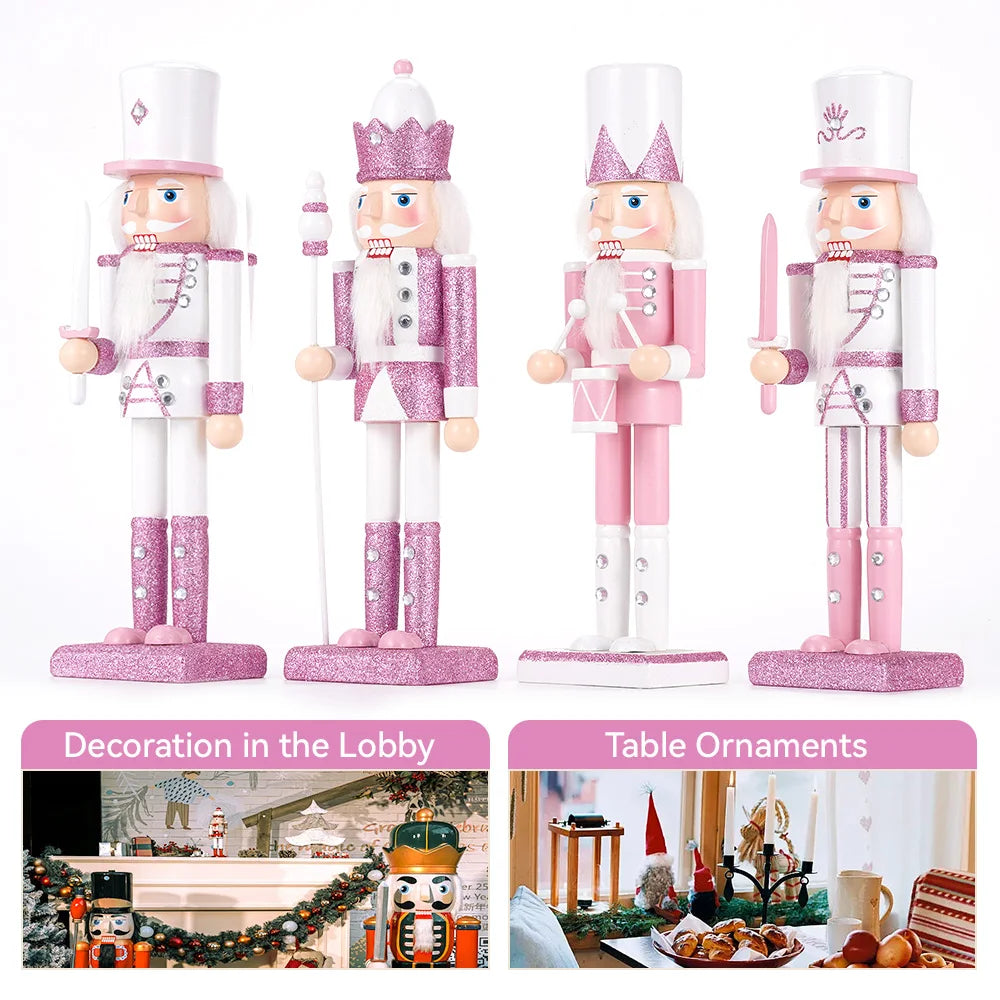 30CM Holz Nussknacker Soldat Figur Puppe Rosa Glitter Soldat Puppe Spielzeug Handwerk Ornament Weihnachten Home Office Dekoration