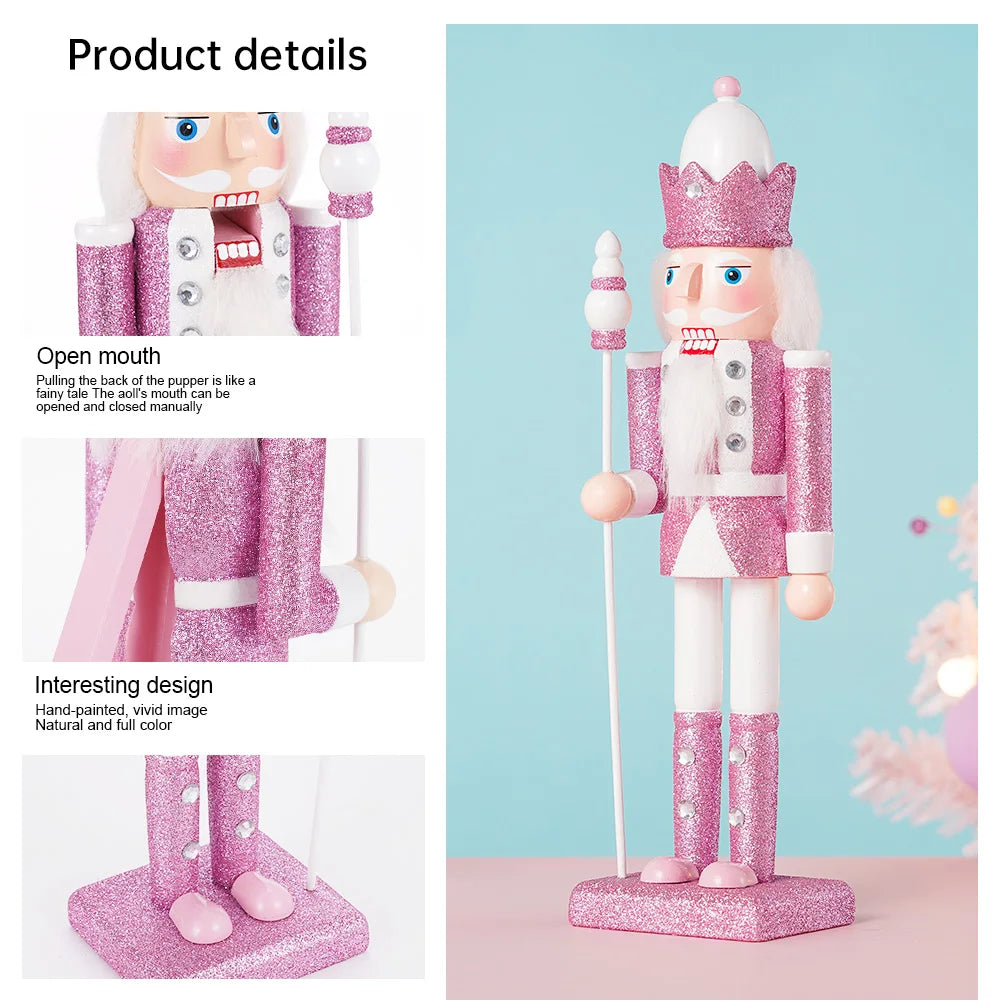 30CM Holz Nussknacker Soldat Figur Puppe Rosa Glitter Soldat Puppe Spielzeug Handwerk Ornament Weihnachten Home Office Dekoration