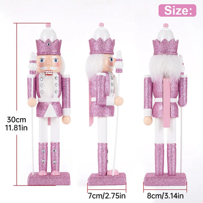 30CM Holz Nussknacker Soldat Figur Puppe Rosa Glitter Soldat Puppe Spielzeug Handwerk Ornament Weihnachten Home Office Dekoration